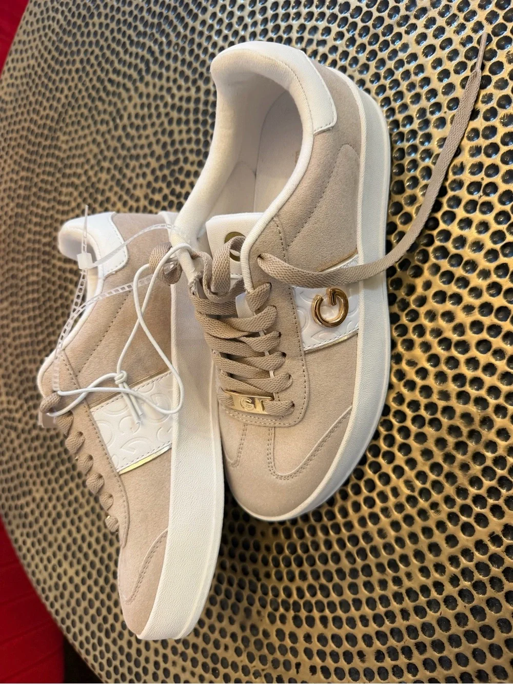 GBG Taupe Suede Low-Top Sneakers with Gold Accents